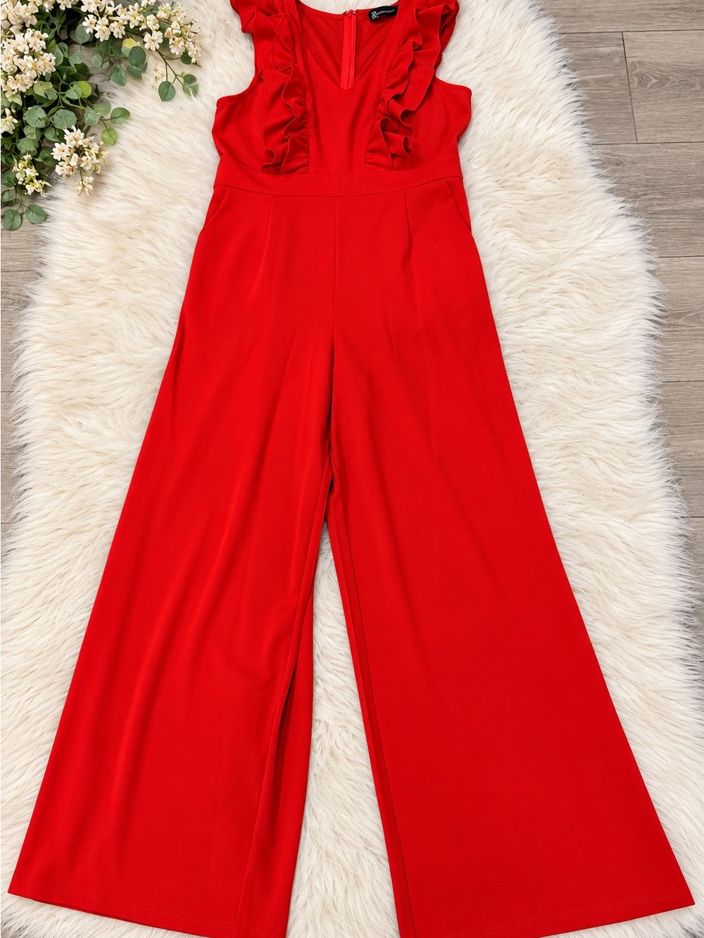 New York & Company Red Ruffle-Front Wide-Leg Jumpsuit